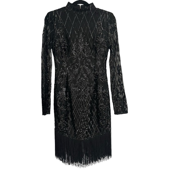 PrettyLittleThing Black Bodycon Long Sleeve Dress Sheer Sleeves Beaded - Picture 5 of 13